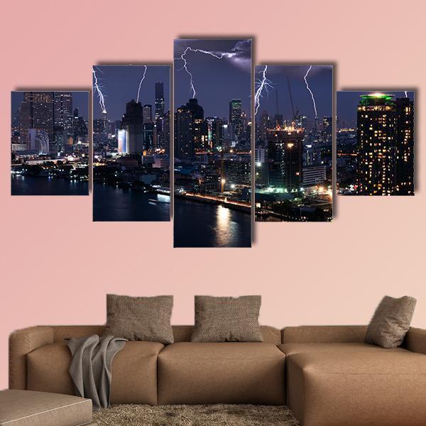 Lightning Over City Canvas Wall Art-5 Star-Gallery Wrap-62" x 32"-Tiaracle