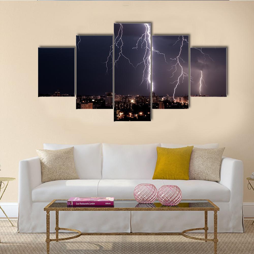 Lightning Storm Over City Canvas Wall Art-4 Pop-Gallery Wrap-50" x 32"-Tiaracle