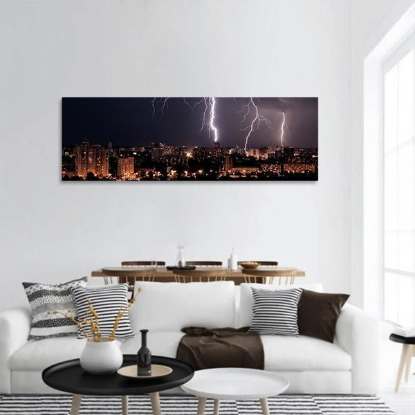 Lightning Storm Over City Panoramic Canvas Wall Art-3 Piece-25" x 08"-Tiaracle