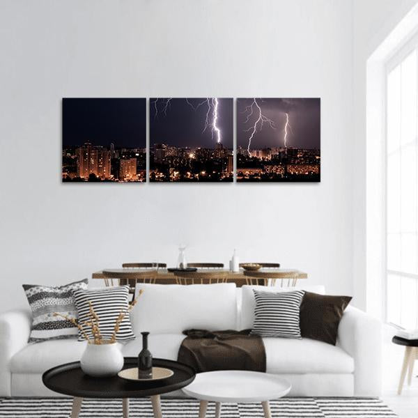 Lightning Storm Over City Panoramic Canvas Wall Art-3 Piece-25" x 08"-Tiaracle