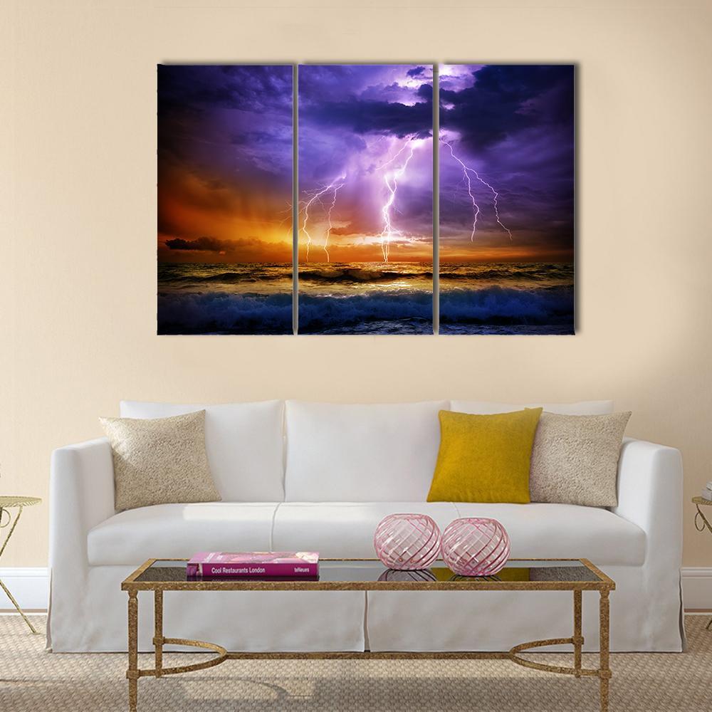 Lightning Over Sea Canvas Wall Art-4 Pop-Gallery Wrap-50" x 32"-Tiaracle