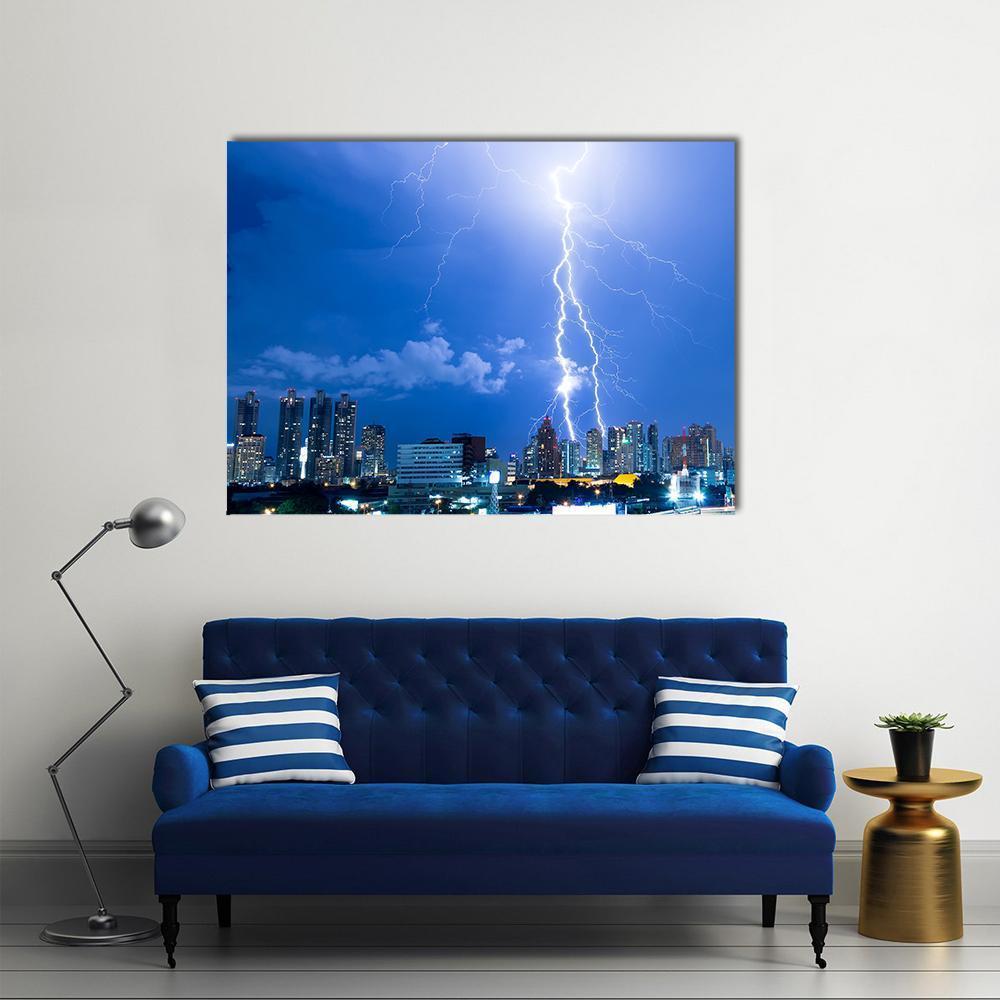 Lightning Strike In A City Canvas Wall Art-1 Piece-Gallery Wrap-48" x 32"-Tiaracle