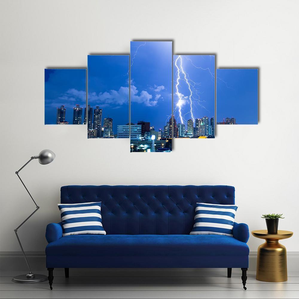 Lightning Strike In A City Canvas Wall Art-1 Piece-Gallery Wrap-48" x 32"-Tiaracle
