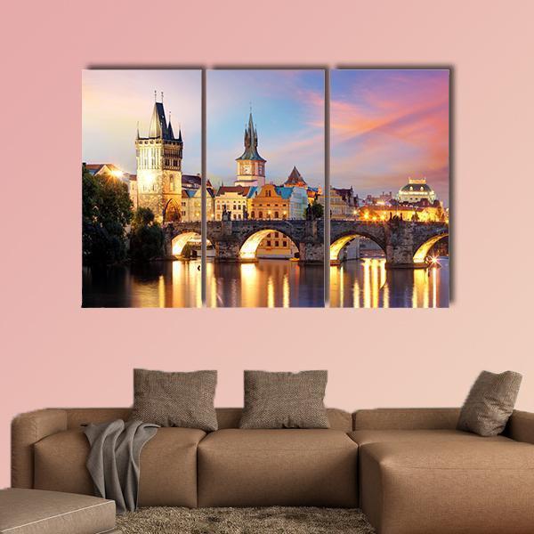 Charles Bridge At Night Canvas Wall Art-3 Horizontal-Gallery Wrap-25" x 16"-Tiaracle