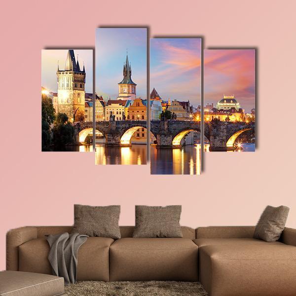 Charles Bridge At Night Canvas Wall Art-4 Pop-Gallery Wrap-50" x 32"-Tiaracle