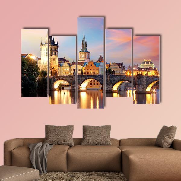 Charles Bridge At Night Canvas Wall Art-5 Pop-Gallery Wrap-47" x 32"-Tiaracle
