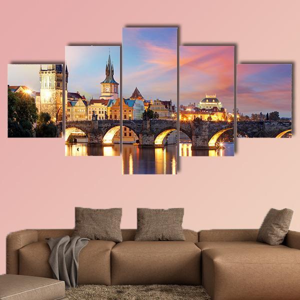 Charles Bridge At Night Canvas Wall Art-5 Star-Gallery Wrap-62" x 32"-Tiaracle