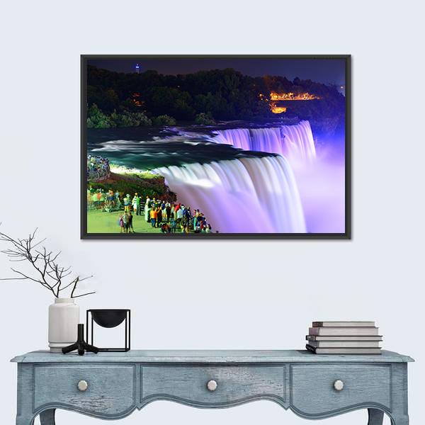 Lights on Niagara Falls Canvas Wall Art in black, blue and purple, framed canvas, product view on a white background