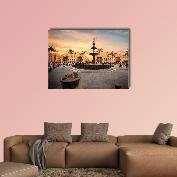 Lima Main Square at Sunset Canvas Wall Art in gray, orange and yellow, single panel hung on a wall