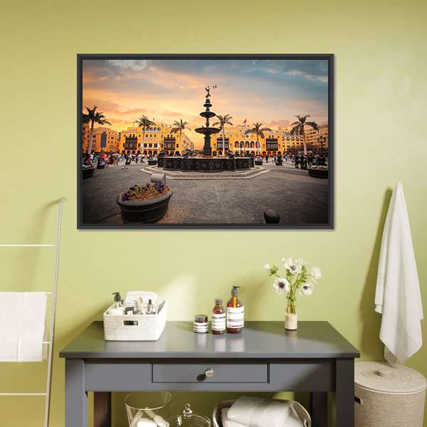 Main Square at Sunset Canvas Wall Art in gray, orange and yellow, framed canvas, product view on a white background