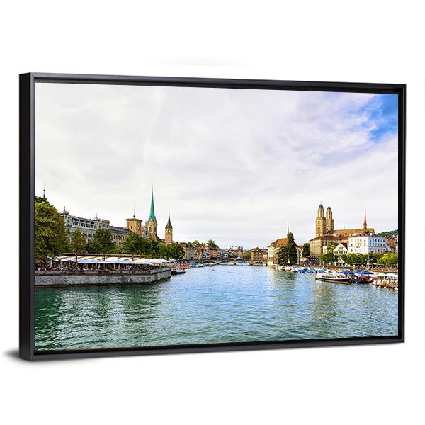 Limmat River Quay Canvas Wall Art-3 Horizontal-Gallery Wrap-25" x 16"-Tiaracle