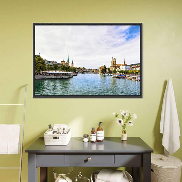 Limmat River Quay Canvas Wall Art-1 Piece-Floating Frame-24" x 16"-Tiaracle