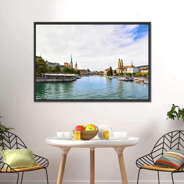 Limmat River Quay Canvas Wall Art-3 Horizontal-Gallery Wrap-25" x 16"-Tiaracle