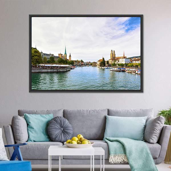 Limmat River Quay Canvas Wall Art-3 Horizontal-Gallery Wrap-25" x 16"-Tiaracle