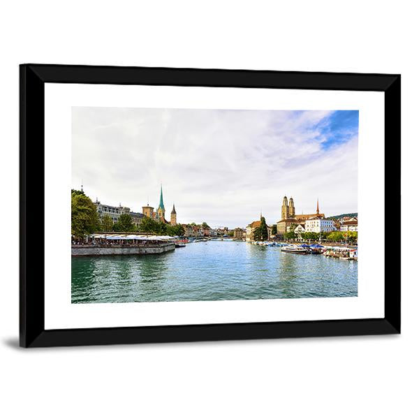 Limmat River Quay Canvas Wall Art-3 Horizontal-Gallery Wrap-25" x 16"-Tiaracle