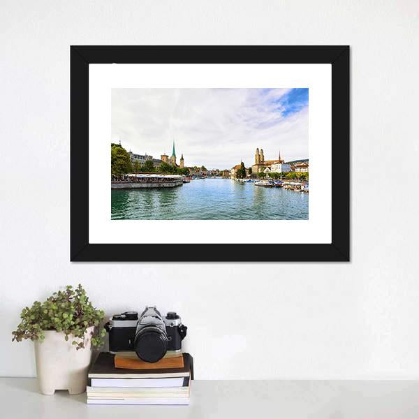 Limmat River Quay Canvas Wall Art-1 Piece-Framed Print-20" x 16"-Tiaracle