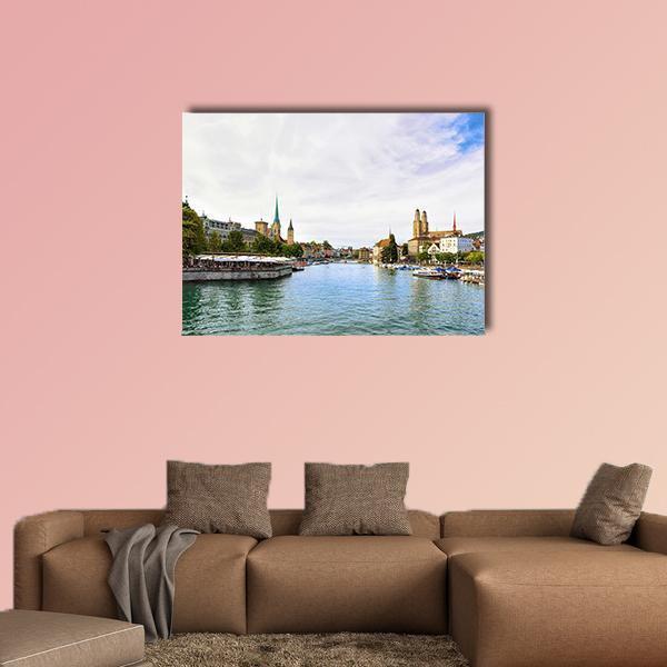 Limmat River Quay Canvas Wall Art-1 Piece-Gallery Wrap-48" x 32"-Tiaracle