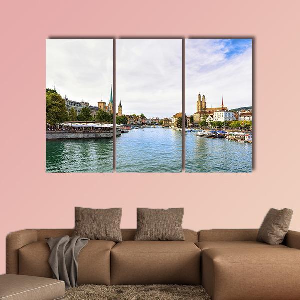 Limmat River Quay Canvas Wall Art-3 Horizontal-Gallery Wrap-37" x 24"-Tiaracle