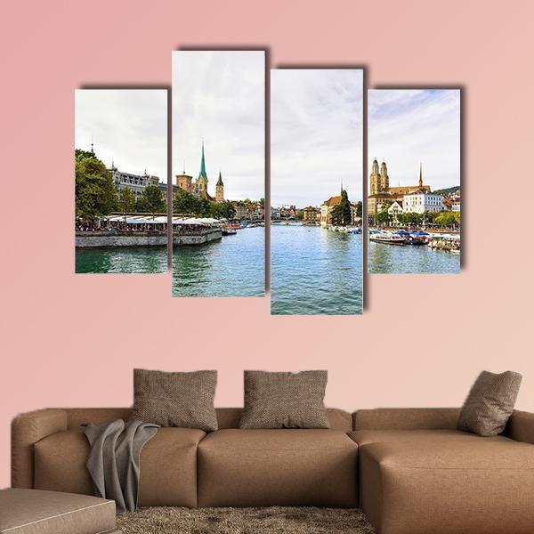 Limmat River Quay Canvas Wall Art-4 Pop-Gallery Wrap-50" x 32"-Tiaracle