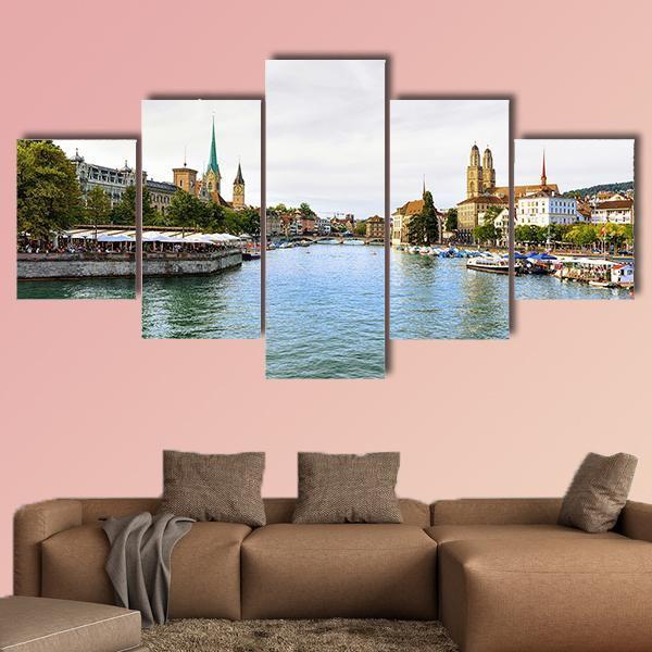 Limmat River Quay Canvas Wall Art-5 Star-Gallery Wrap-62" x 32"-Tiaracle