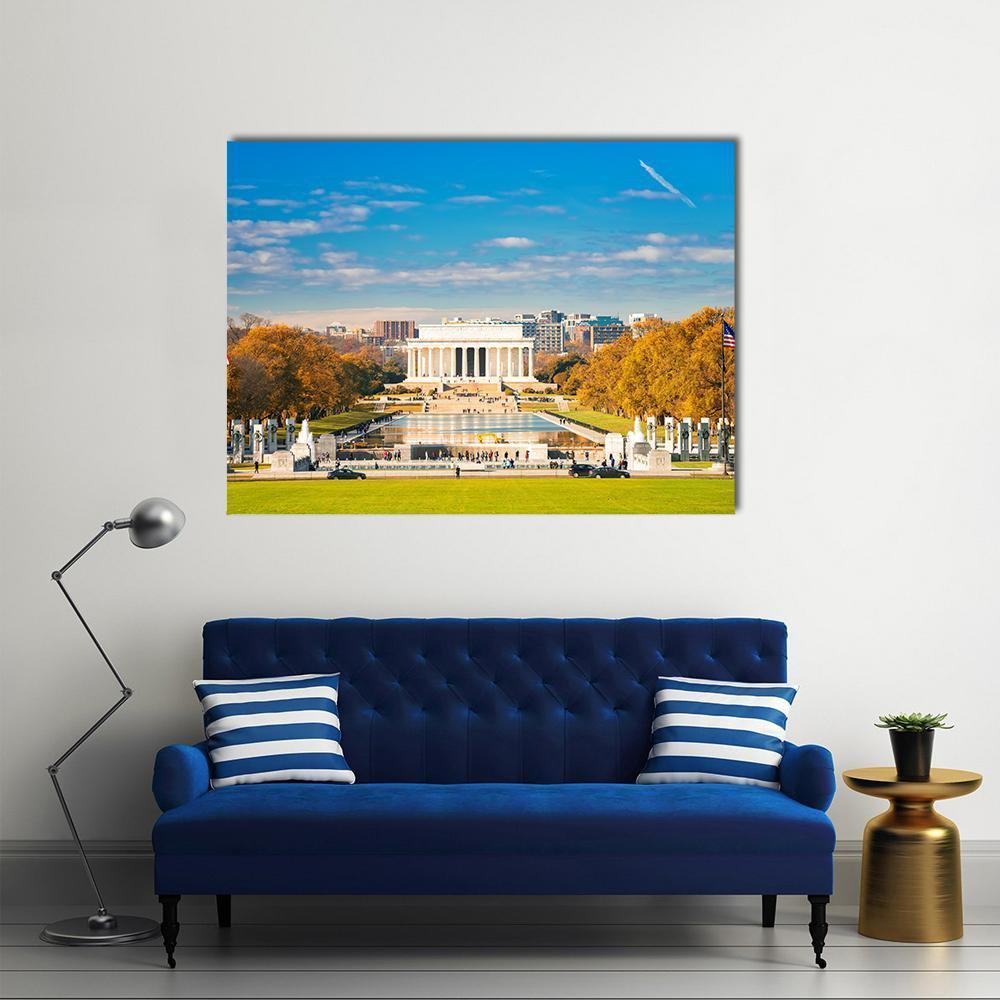 Lincoln Memorial and Reflecting Pool Canvas Wall Art in yellow, green and blue, single panel hung on a wall