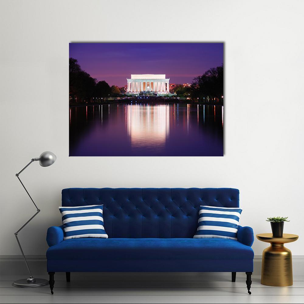 Lincoln Memorial Reflections at Night Canvas Wall Art in black, blue and purple, single panel hung on a wall