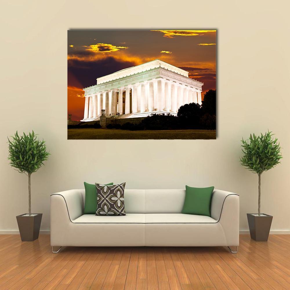 Lincoln Memorial at Sunset Canvas Wall Art in white, brown and orange, single panel hung on a wall