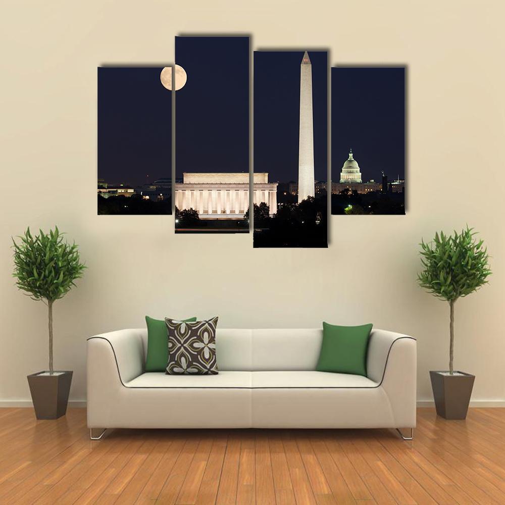 Full Moon Above Lincoln Memorial Canvas Wall Art-4 Pop-Gallery Wrap-50" x 32"-Tiaracle