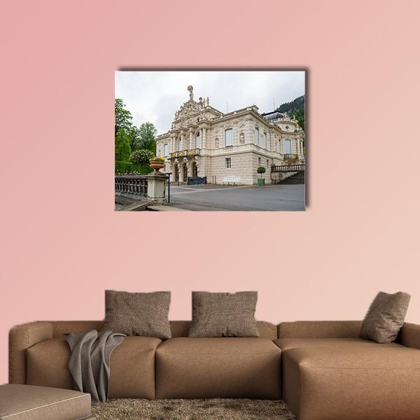 Linderhof Palace Canvas Wall Art in white, gray and beige, single panel hung on a wall