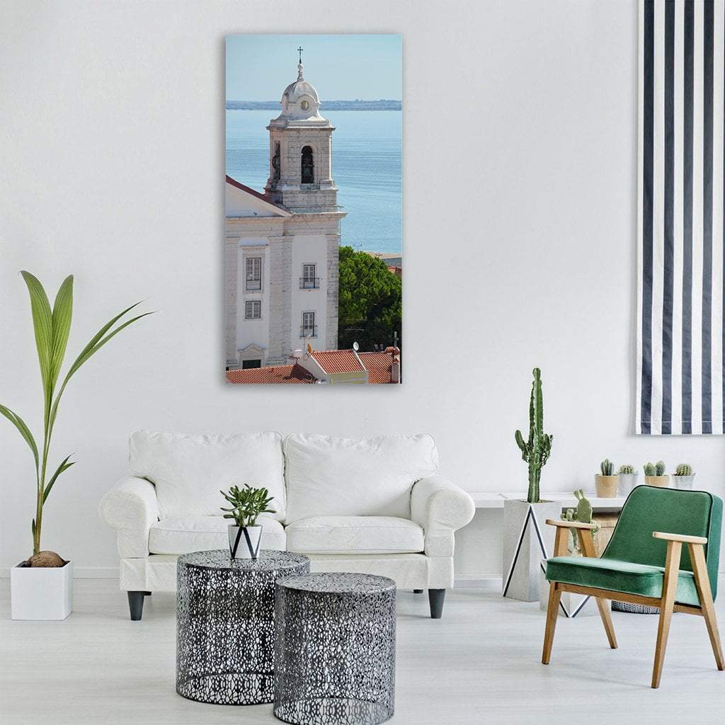 Lisbon Historic Center Bell Tower Vertical Canvas Wall Art in white, gray and blue, single vertical panel hung on a wall
