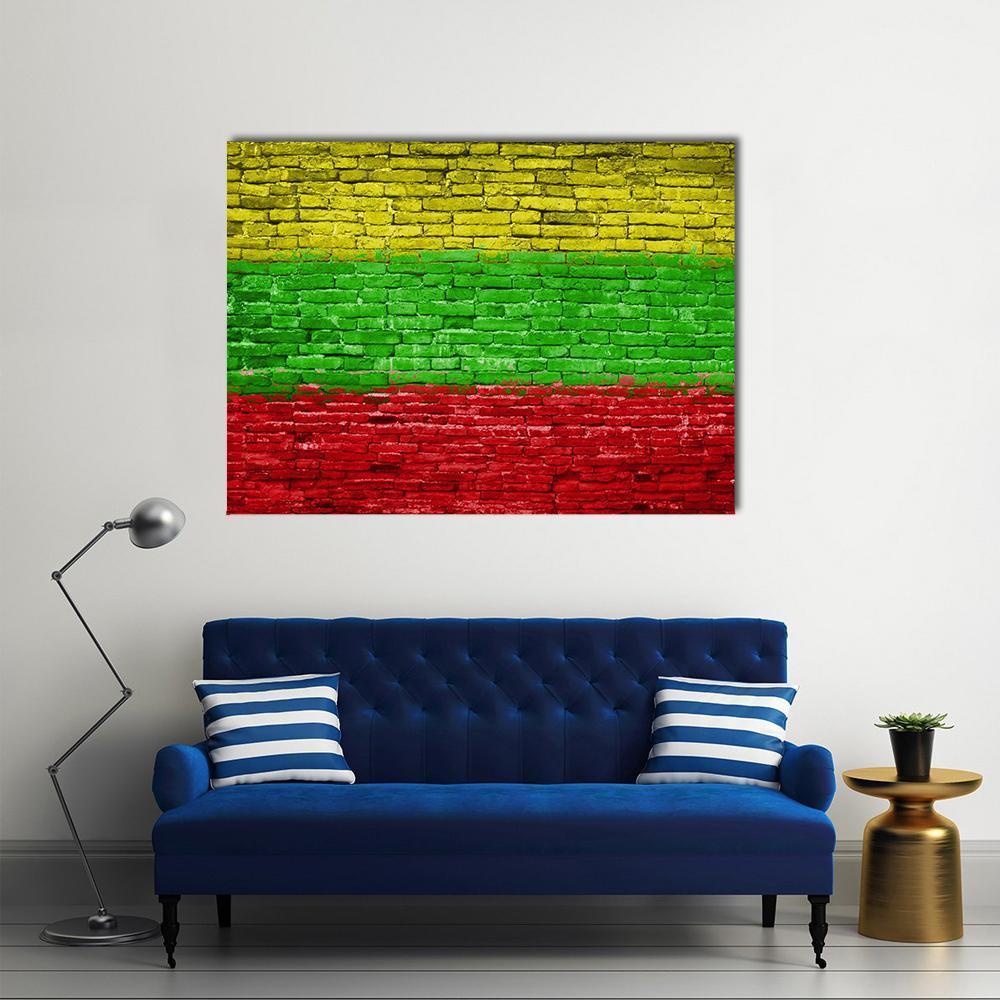 Lithuanian Flag on Brick Canvas Wall Art in red, yellow and green, single panel hung on a wall