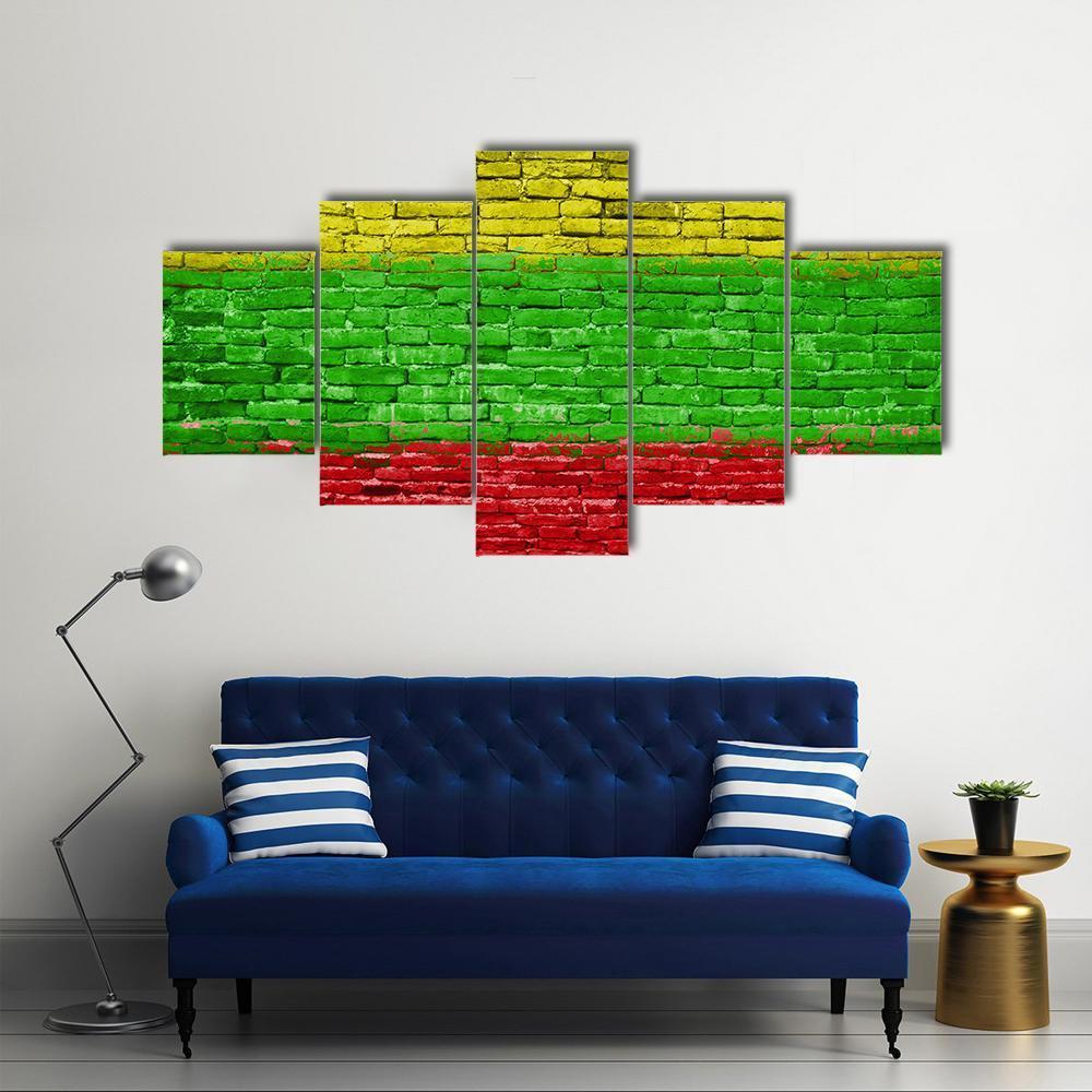 Lithuania Flag On Brick Wall Canvas Wall Art-5 Star-Gallery Wrap-62" x 32"-Tiaracle