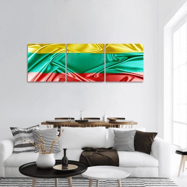 Waving Lithuanian Flag Panoramic Canvas Wall Art in red, yellow and green, hung on a wall
