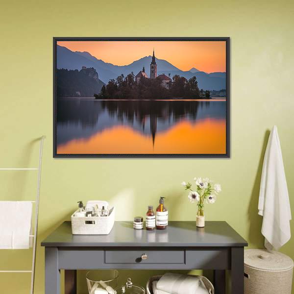 Little Island With Catholic Church Canvas Wall Art-1 Piece-Floating Frame-24" x 16"-Tiaracle