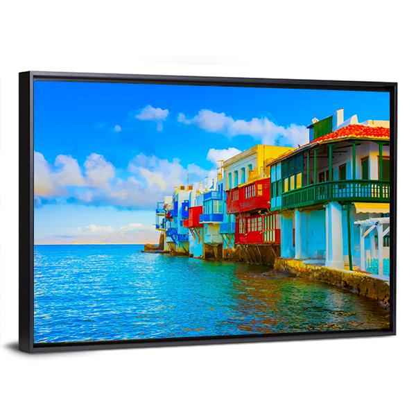 Little Venice In Mykonos Island Cyclades Canvas Wall Art-3 Horizontal-Gallery Wrap-25" x 16"-Tiaracle