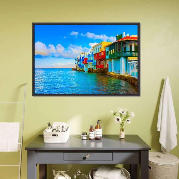 Little Venice In Mykonos Island Cyclades Canvas Wall Art-1 Piece-Floating Frame-24" x 16"-Tiaracle