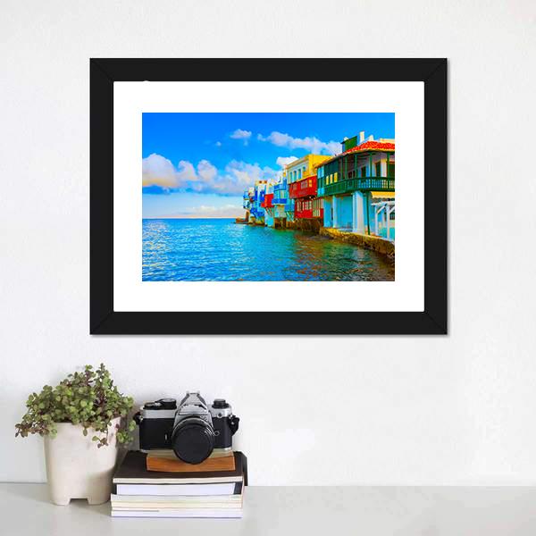 Little Venice In Mykonos Island Cyclades Canvas Wall Art-1 Piece-Framed Print-20" x 16"-Tiaracle