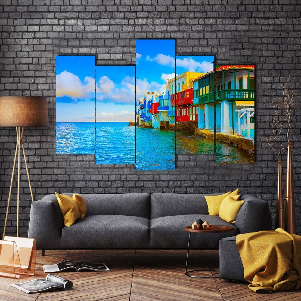 Little Venice In Mykonos Island Cyclades Canvas Wall Art-5 Pop-Gallery Wrap-47" x 32"-Tiaracle