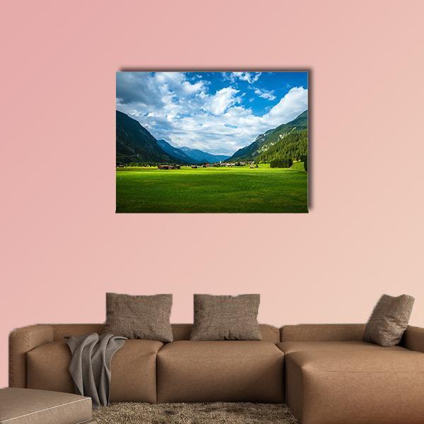 Little Mountain Village in Austria Canvas Wall Art in white, green and blue, single panel hung on a wall