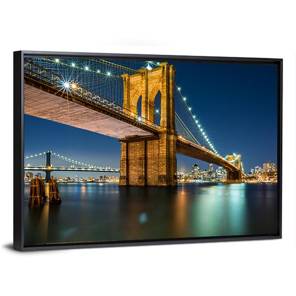 lluminated Brooklyn Bridge In Night Canvas Wall Art-3 Horizontal-Gallery Wrap-25" x 16"-Tiaracle
