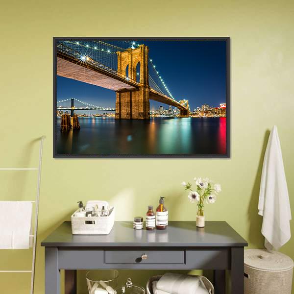 lluminated Brooklyn Bridge In Night Canvas Wall Art-1 Piece-Floating Frame-24" x 16"-Tiaracle