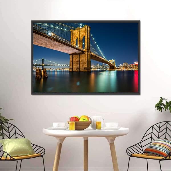 lluminated Brooklyn Bridge In Night Canvas Wall Art-3 Horizontal-Gallery Wrap-25" x 16"-Tiaracle
