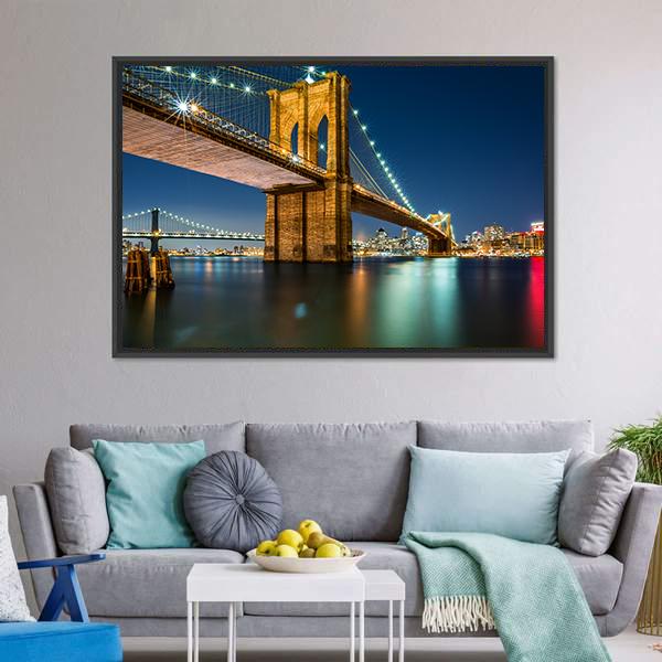 lluminated Brooklyn Bridge In Night Canvas Wall Art-3 Horizontal-Gallery Wrap-25" x 16"-Tiaracle