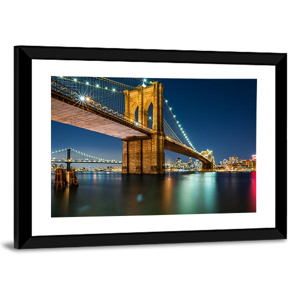 lluminated Brooklyn Bridge In Night Canvas Wall Art-3 Horizontal-Gallery Wrap-25" x 16"-Tiaracle