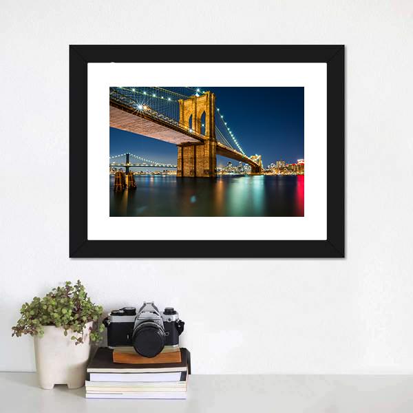 lluminated Brooklyn Bridge In Night Canvas Wall Art-1 Piece-Framed Print-20" x 16"-Tiaracle