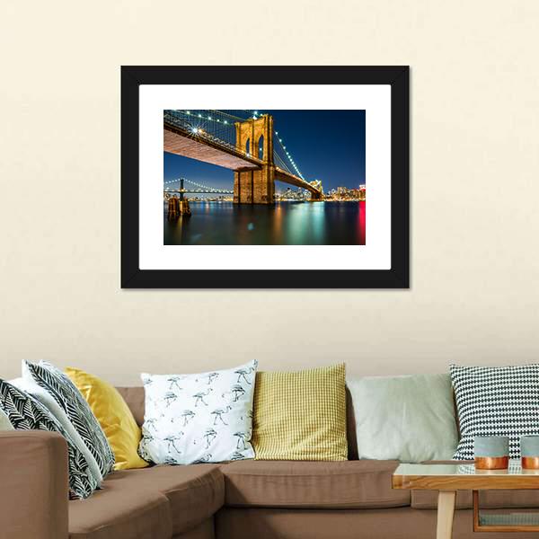 lluminated Brooklyn Bridge In Night Canvas Wall Art-3 Horizontal-Gallery Wrap-25" x 16"-Tiaracle