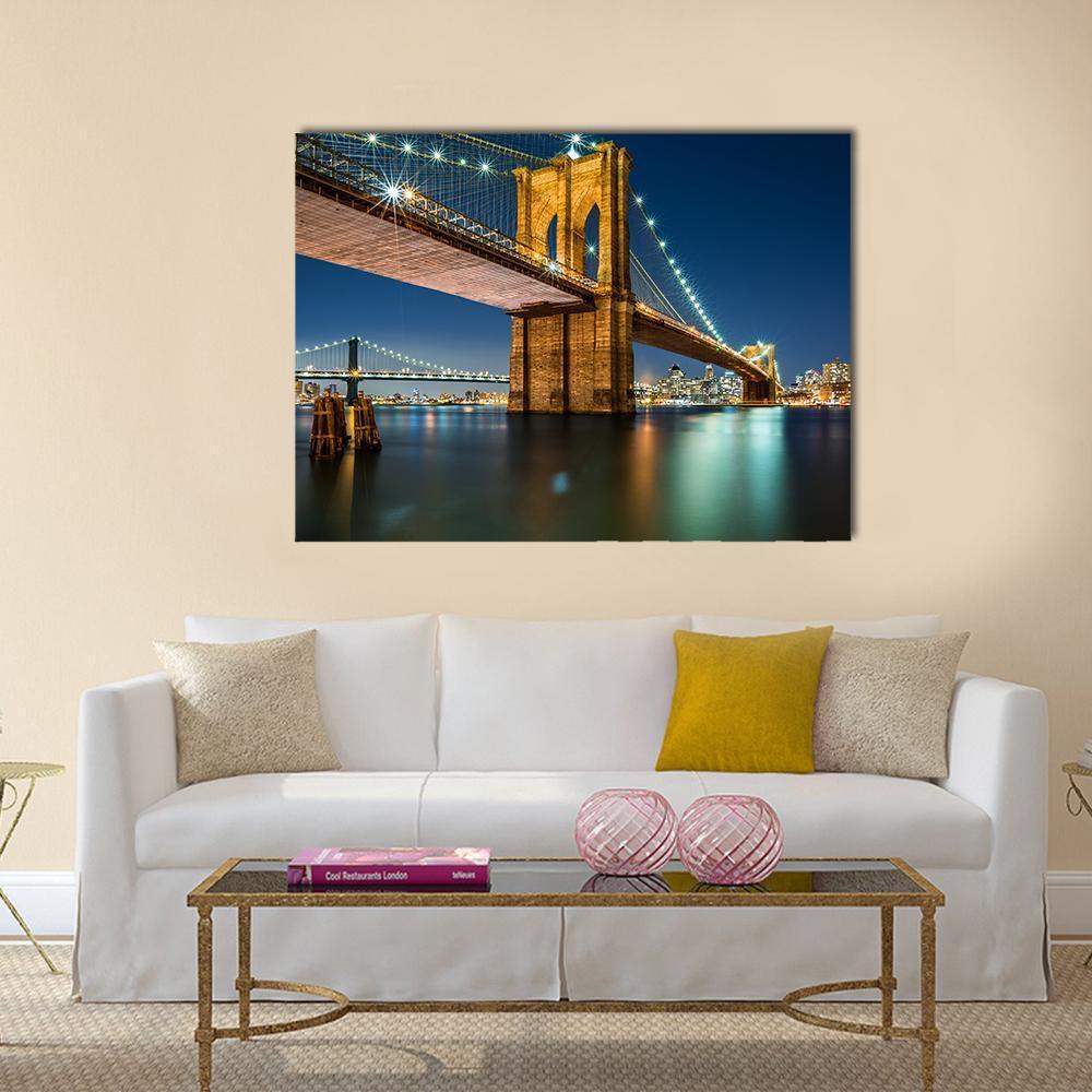 lluminated Brooklyn Bridge In Night Canvas Wall Art-1 Piece-Gallery Wrap-48" x 32"-Tiaracle