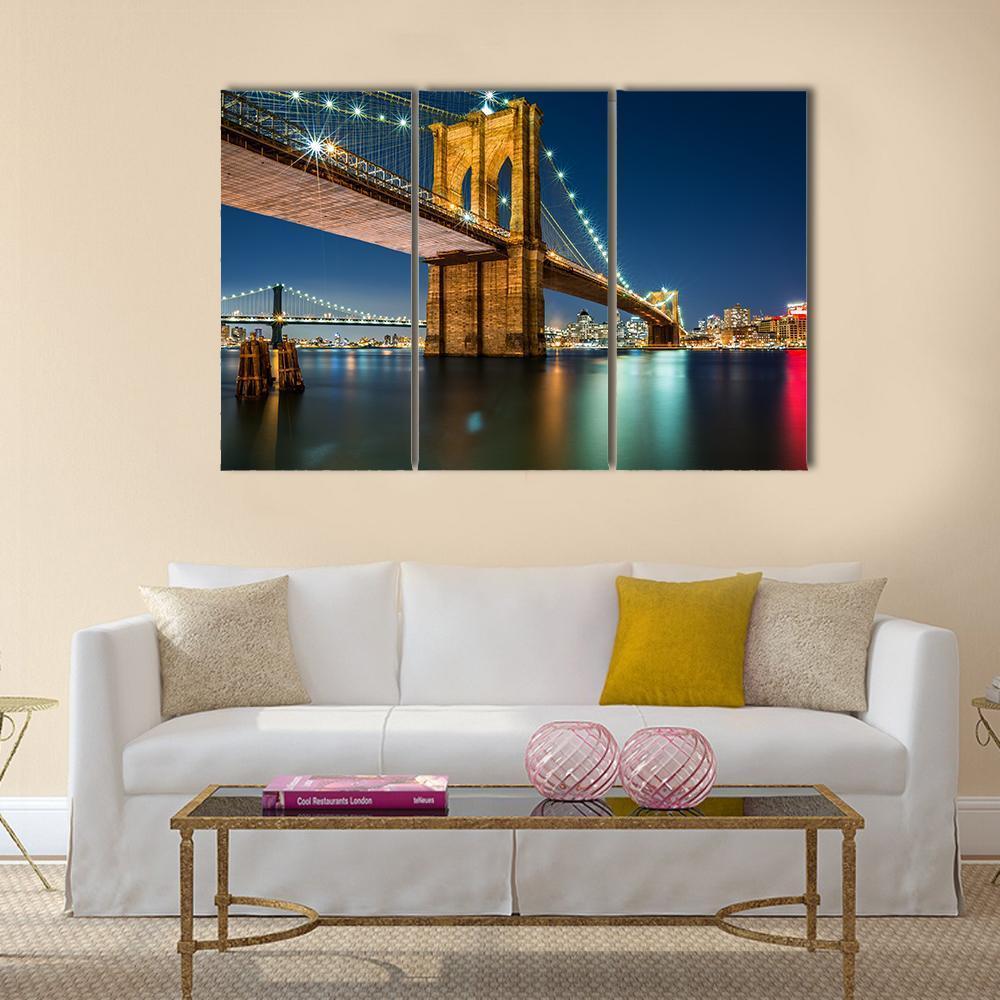 lluminated Brooklyn Bridge In Night Canvas Wall Art-3 Horizontal-Gallery Wrap-37" x 24"-Tiaracle