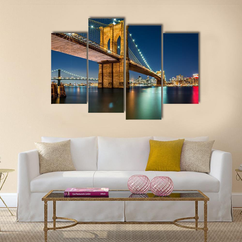 lluminated Brooklyn Bridge In Night Canvas Wall Art-4 Pop-Gallery Wrap-50" x 32"-Tiaracle