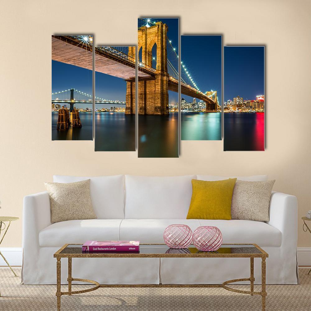 lluminated Brooklyn Bridge In Night Canvas Wall Art-5 Pop-Gallery Wrap-47" x 32"-Tiaracle